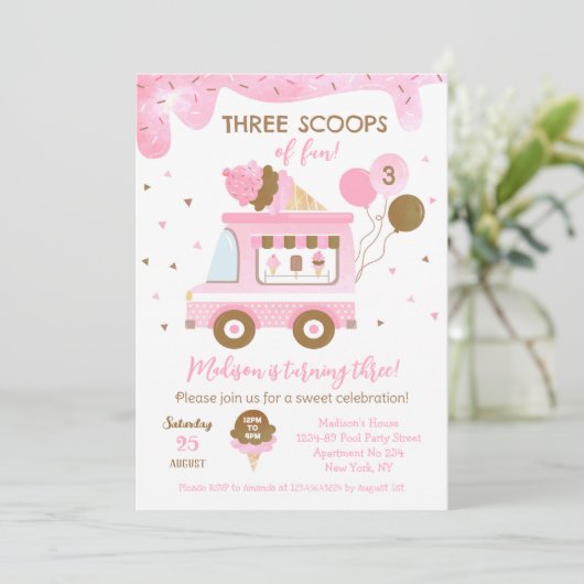 Eiscreme 3. Geburtstag Einladungen (Stehend Vorderseite)