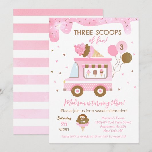 Eiscreme 3. Geburtstag Einladungen (Vorne/Hinten)