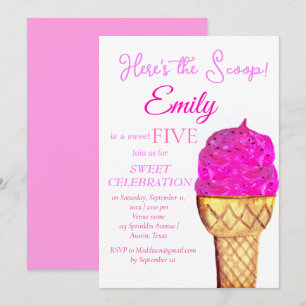 Eiscreme 5. Geburtstag Girl Pink Wasserfarbe Einladung