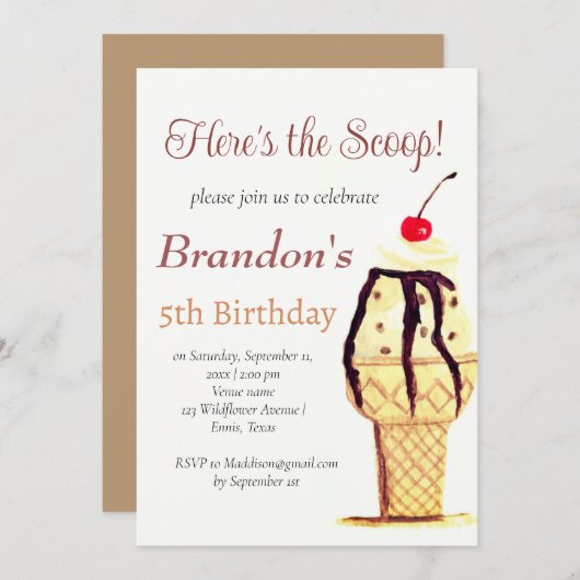 Eiscreme 5th Birthday Boy Wasserfarbe Einladung (Vorne/Hinten)