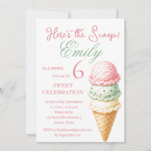 Eiscreme 6. Geburtstag Mädchen Rosa Aquarell Einladung