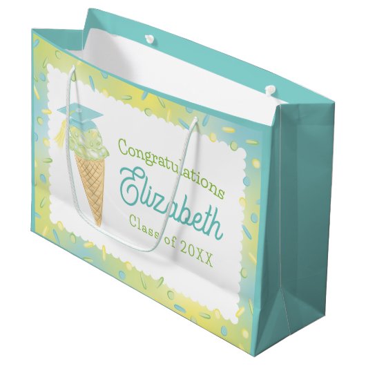 Eiscreme-Abschlussfeier Blau Grün Große Geschenktüte (Vorderseite Schrägansicht)