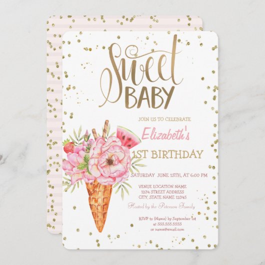 Eiscreme-Blume Frucht Diamanten Geburtstag Einladung (Vorne/Hinten)