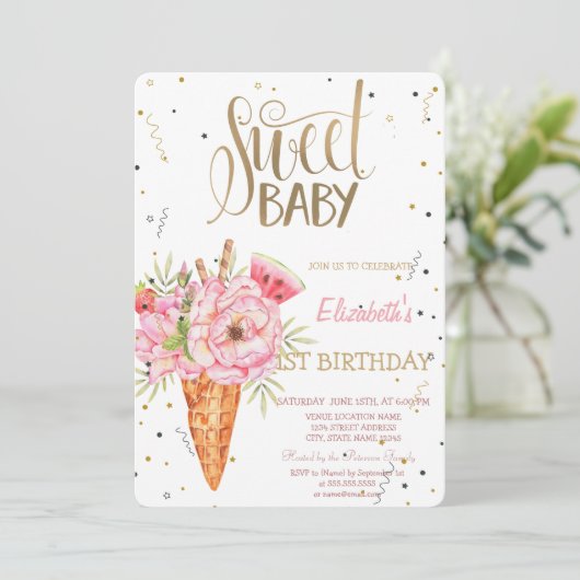 Eiscreme-Blume Früchte Geburtstag Einladung (Stehend Vorderseite)