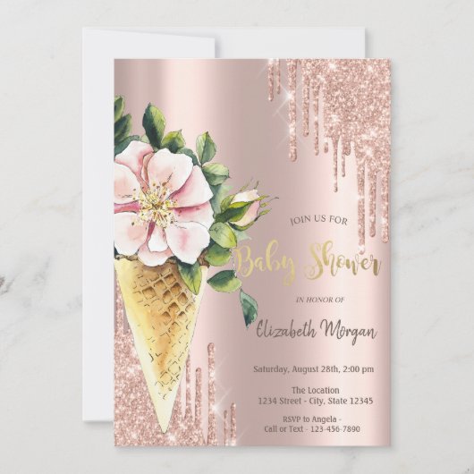 Eiscreme Blume Rose Gold Süßigkeiten Kinderdusche Einladung (Vorderseite)