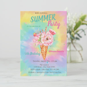 Eiscreme Blumen Früchte Sommer Tye Dye Geburtstag Einladung