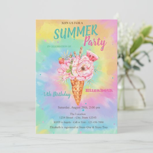 Eiscreme Blumen Früchte Sommer Tye Dye Geburtstag Einladung (Stehend Vorderseite)