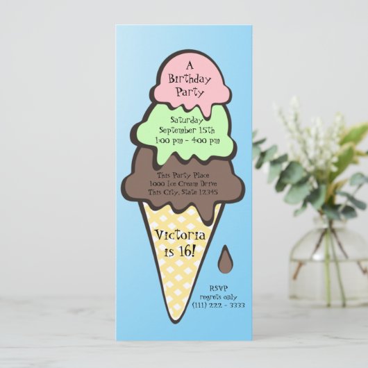 Eiscreme Cone Geburtstagspartei Einladung (Stehend Vorderseite)
