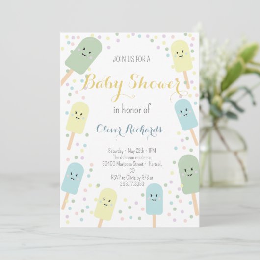 Eiscreme Cone Scoop Confetti Kinder Babydusche Einladung (Stehend Vorderseite)