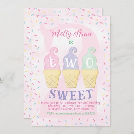 Eiscreme Cones Sprinkles Pastellfarben Rosa 2. Geb Einladung (Vorne/Hinten)