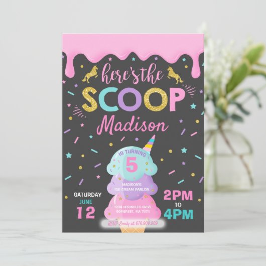 Eiscreme Einladung Einhorn Eiscreme Party (Stehend Vorderseite)