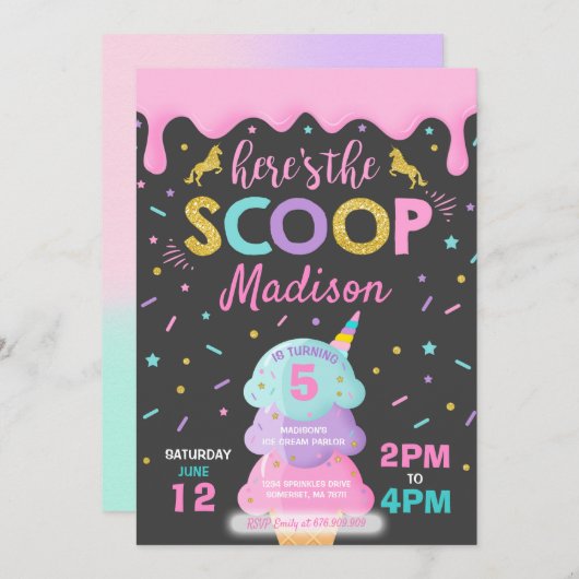 Eiscreme Einladung Einhorn Eiscreme Party (Vorne/Hinten)