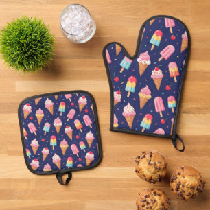 Eiscreme, Eis am Stiel und Kirschen Muster Ofenhandschuh & Topflappen-Set