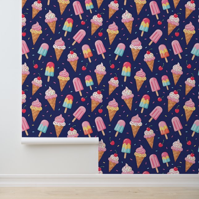 Eiscreme, Eis am Stiel und Kirschen Muster Tapete (Anwendung)