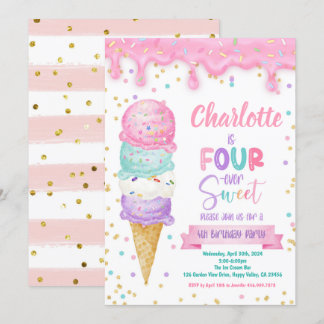Eiscreme Fourever Süße 4. Geburtstags-Party Rosa Einladung