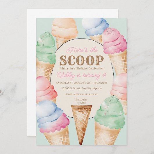 Eiscreme Geburtstag Vintage Eistüten Einladung (Vorne/Hinten)