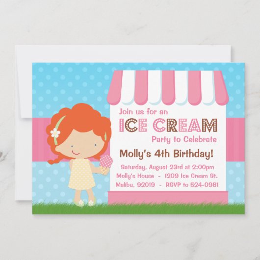 Eiscreme-Geburtstags-Party-Rot-Haar Einladung (Vorderseite)