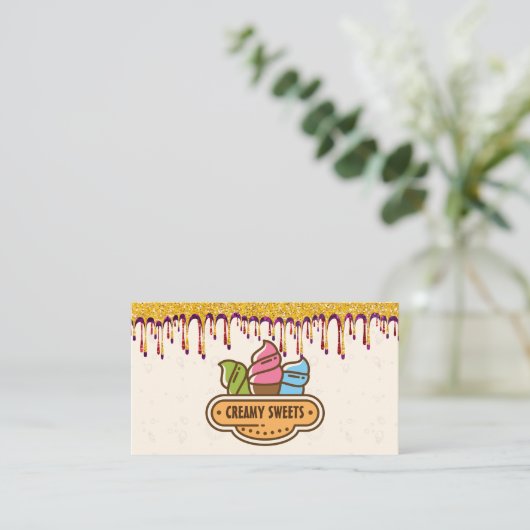 Eiscreme | Glitzer Icing Tropfen Visitenkarte (Stehend Vorderseite)