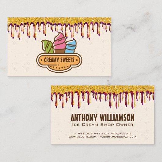 Eiscreme | Glitzer Icing Tropfen Visitenkarte (Vorne/Hinten)