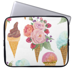 Eiscreme, Himbeeren: Aquarellmuster. Laptopschutzhülle