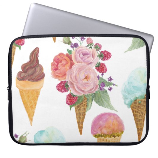 Eiscreme, Himbeeren: Aquarellmuster. Laptopschutzhülle (Vorderseite)