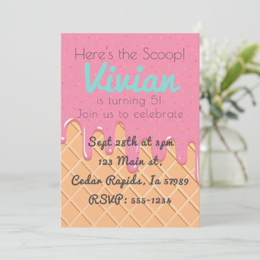 Eiscreme-Kone mit Sprinklern Einladung (Stehend Vorderseite)