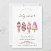 Eiscreme, kone rosa Stripte Babydusche Einladung (Vorderseite)