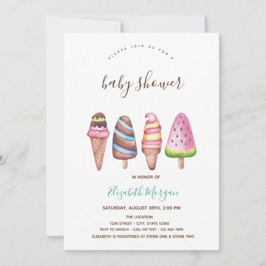 Eiscreme, kone rosa Stripte Babydusche Einladung (Vorderseite)