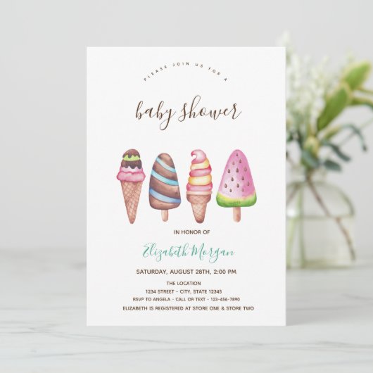 Eiscreme, kone rosa Stripte Babydusche Einladung (Stehend Vorderseite)