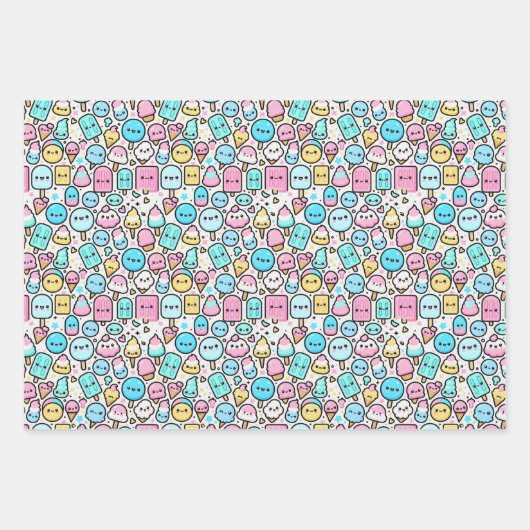 Eiscreme-Kone und Popsicle Kawaii Art Geschenkpapier Set (Vorderseite 3)