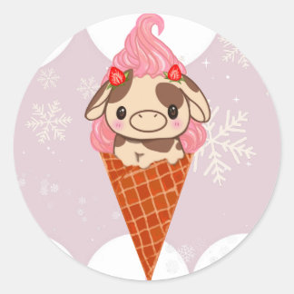 Eiscreme Kuh Sweet Cone Snow Strawberry Winter Runder Aufkleber
