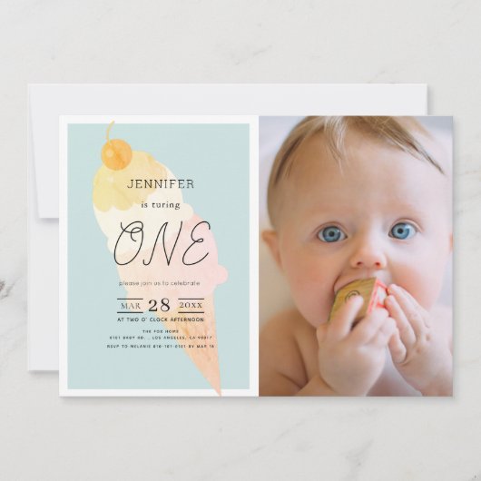 Eiscreme Light Blue 1. Geburtstag Einladung (Vorderseite)