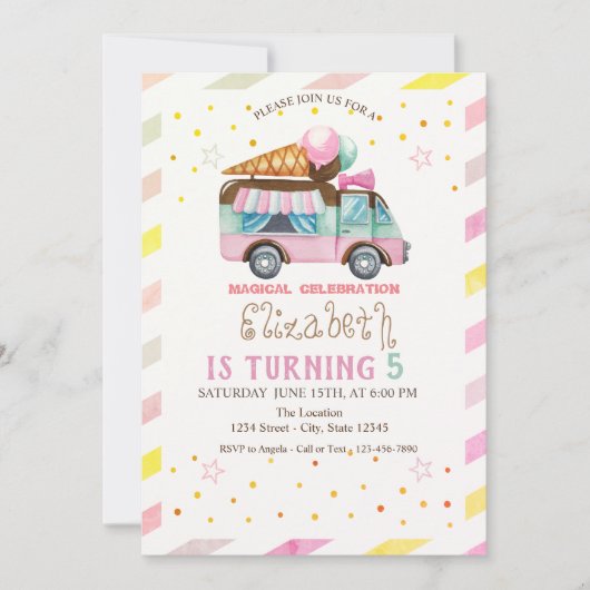 Eiscreme-Lkw gestreift Geburtstag Einladung (Vorderseite)