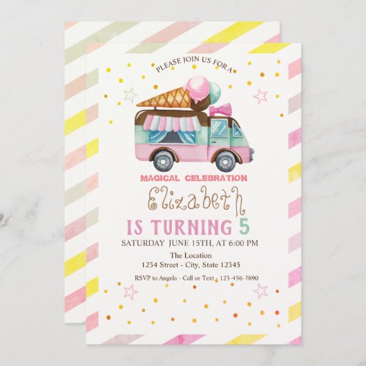 Eiscreme-Lkw gestreift Geburtstag Einladung (Vorne/Hinten)