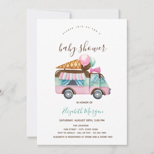 Eiscreme LKW Pink Stripte Babydusche Einladung (Vorderseite)