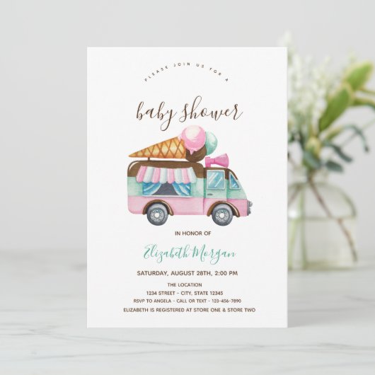 Eiscreme LKW Pink Stripte Babydusche Einladung (Stehend Vorderseite)
