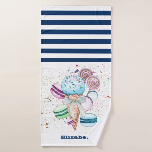 Eiscreme Macaroons Navy Blue White Striping Badehandtuch (Badehandtuch)