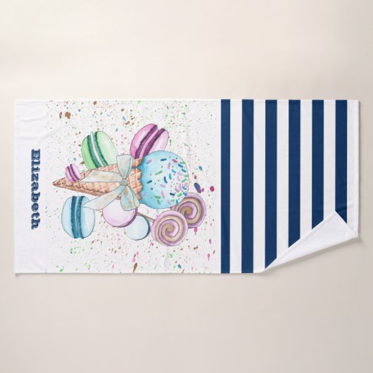 Eiscreme Macaroons Navy Blue White Striping Badehandtuch (Badehandtuch)