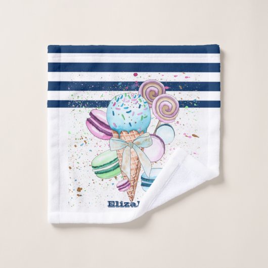 Eiscreme Macaroons Navy Blue White Striping Badhandtuch Set (Waschlappen)