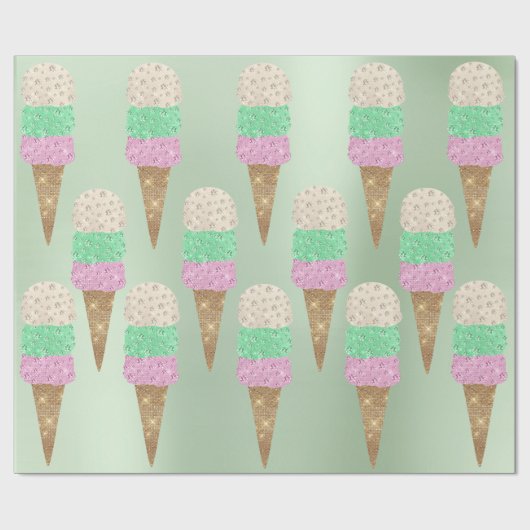 Eiscreme Minzgrün rosa Pastell Metallischer Sommer Geschenkpapier (Flach)