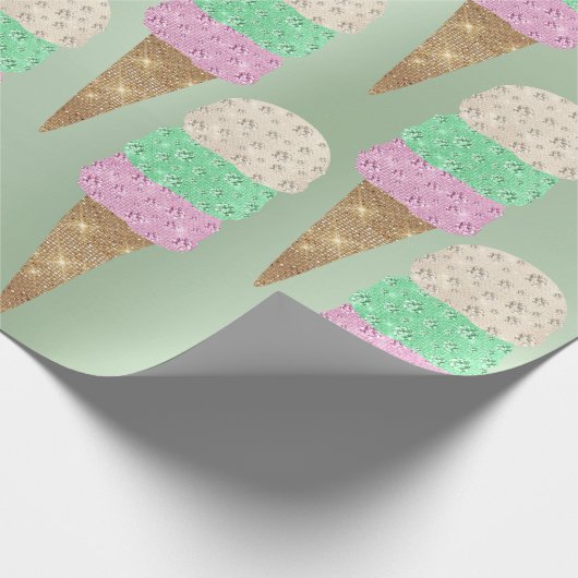 Eiscreme Minzgrün rosa Pastell Metallischer Sommer Geschenkpapier (Ecke)