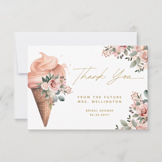 Eiscreme mit blühenden rosa Brautparty Dankeskarte (Vorderseite)