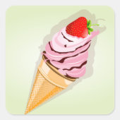 Eiscreme mit Erdbeere Quadratischer Aufkleber (Vorderseite)