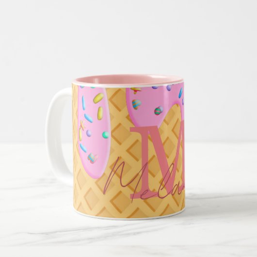Eiscreme mit rosa Zuckerguss und Sprinklen Zweifarbige Tasse (Vorderseite Links)