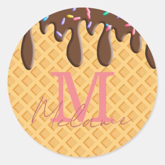 Eiscreme mit Schokolade, Zuckerguss und Sprinkle Runder Aufkleber (Vorderseite)
