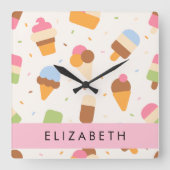 Eiscreme-Muster, Eiscreme, Ihr Name Quadratische Wanduhr (Vorderseite)