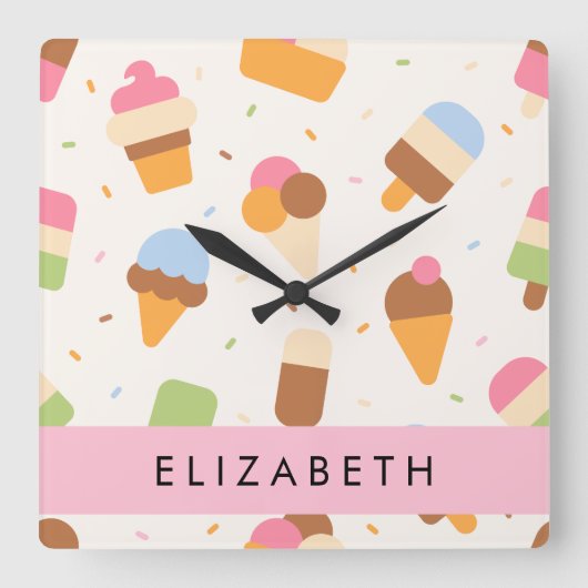 Eiscreme-Muster, Eiscreme, Ihr Name Quadratische Wanduhr (Vorderseite)