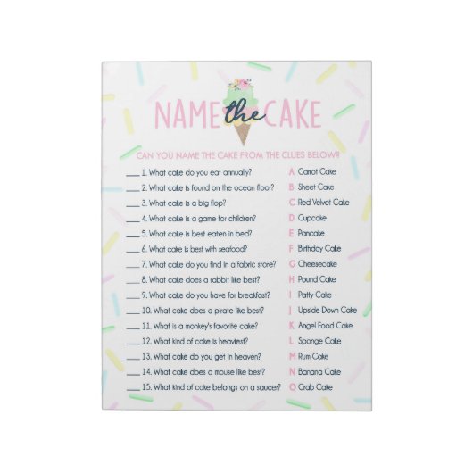 Eiscreme-Name des Kuchenduschenspiels Notizblock (Rotiert)