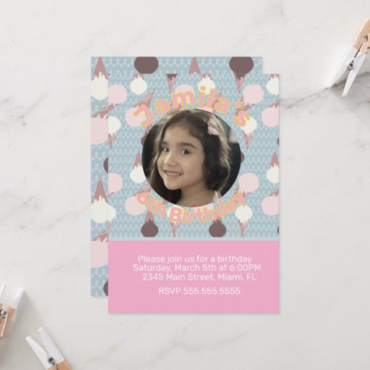 Eiscreme-Party Geburtstags-Foto Einladung (Vorderseite/Rückseite Beispiel)