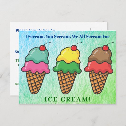 Eiscreme-Party Niedlicher farbiger Regenbogen Einladungspostkarte (Vorne/Hinten)